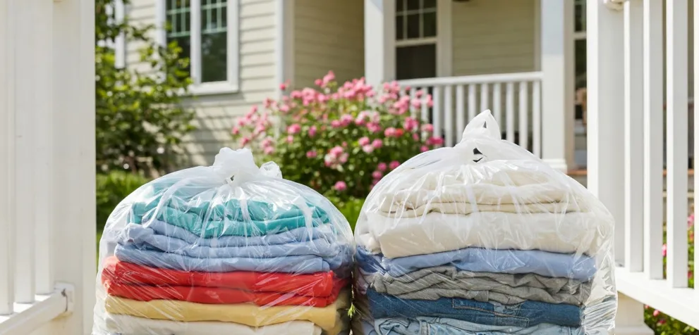 Laundry In Plastic Bags On Door Step Of Suburban Home 1200X1200